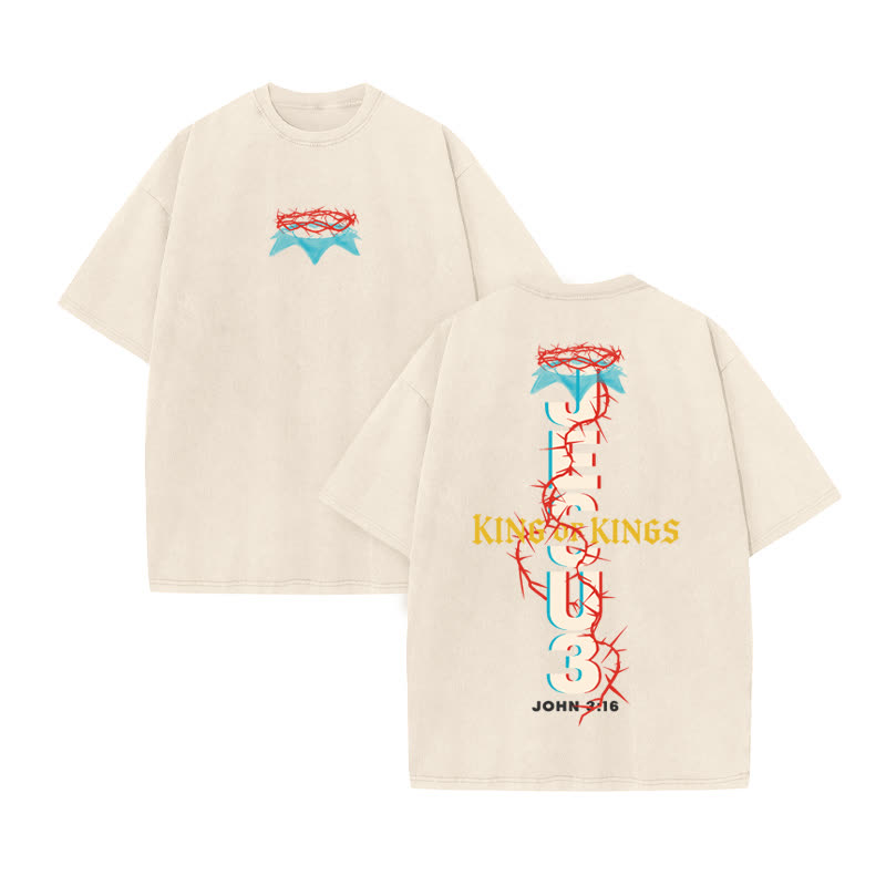 Unisex 100% Cotton Jesus Is King Tangled With Thorns Print Acid Washed T-shirt - Beige - US20-22(3XL) - image 3