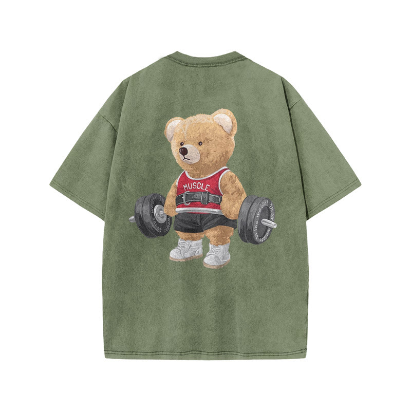 100% Cotton Lifting Bear Gym Print Acid Washed T-shirt - Army Green - US20-22(3XL) - image 7