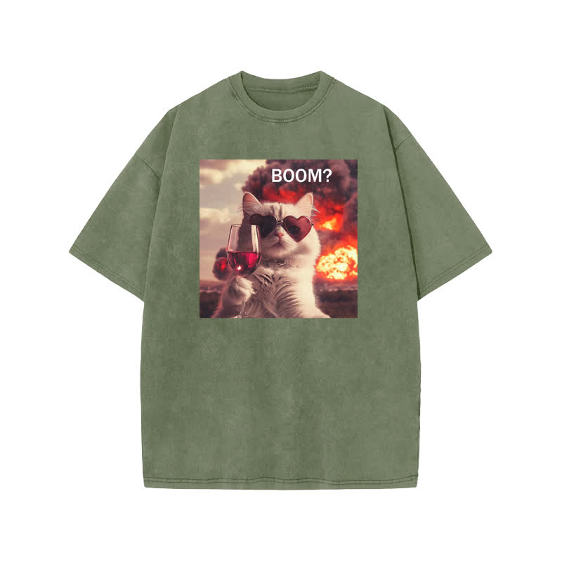 Unisex 100% Cotton Elegant And Calm Cat Print Acid Washed T-shirt - Army Green - US20-22(3XL) - image 5