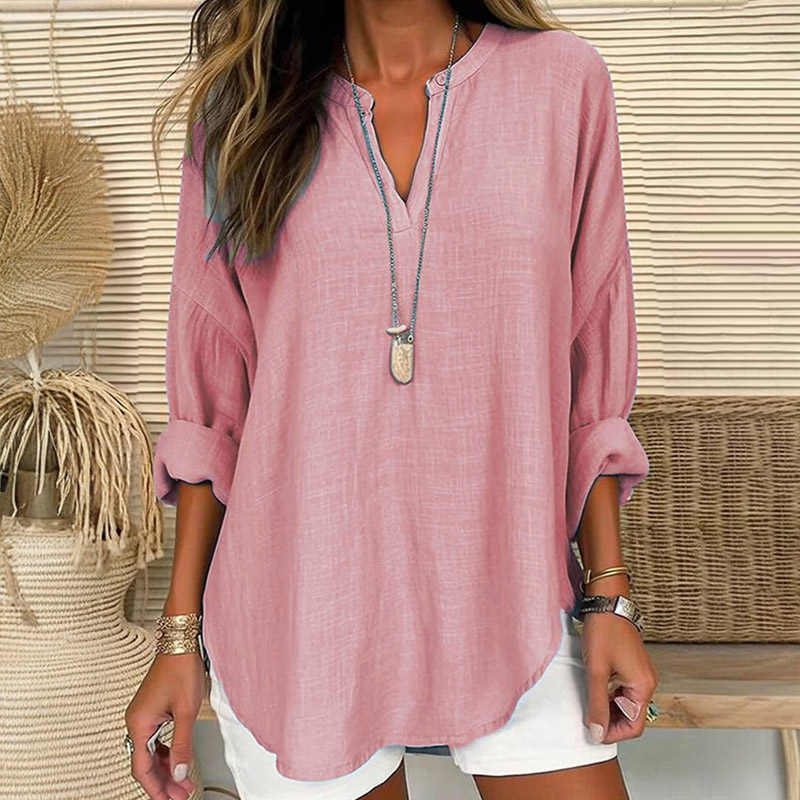 V-neck Casual Long-sleeved Top - Pink - 5XL - image 3
