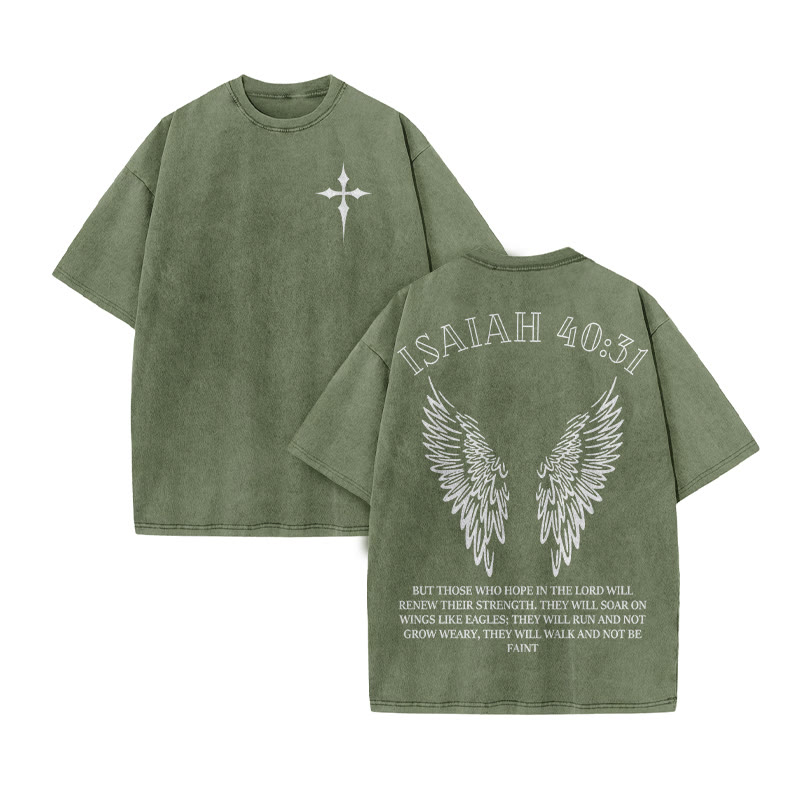Unisex 100% Cotton Isaiah 40:31 Wings Print Acid Washed T-shirt - Army Green - US20-22(3XL) - image 7