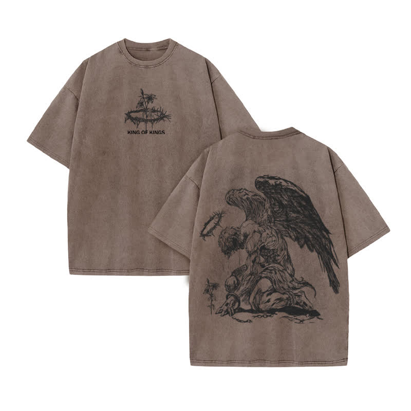 Unisex 100% Cotton Flower Of Hope King Of Kings Print Acid Washed T-shirt - Coffee - US20-22(3XL) - image 4