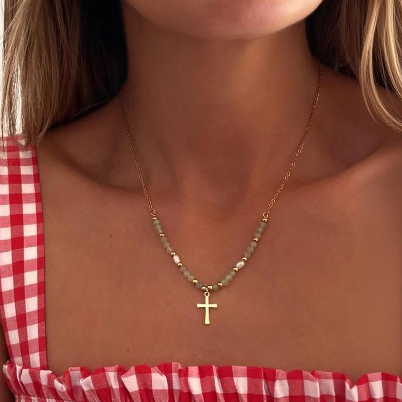 Vacation Style Colorful Beaded Cross Pendant Necklace - Green - one size - image 3