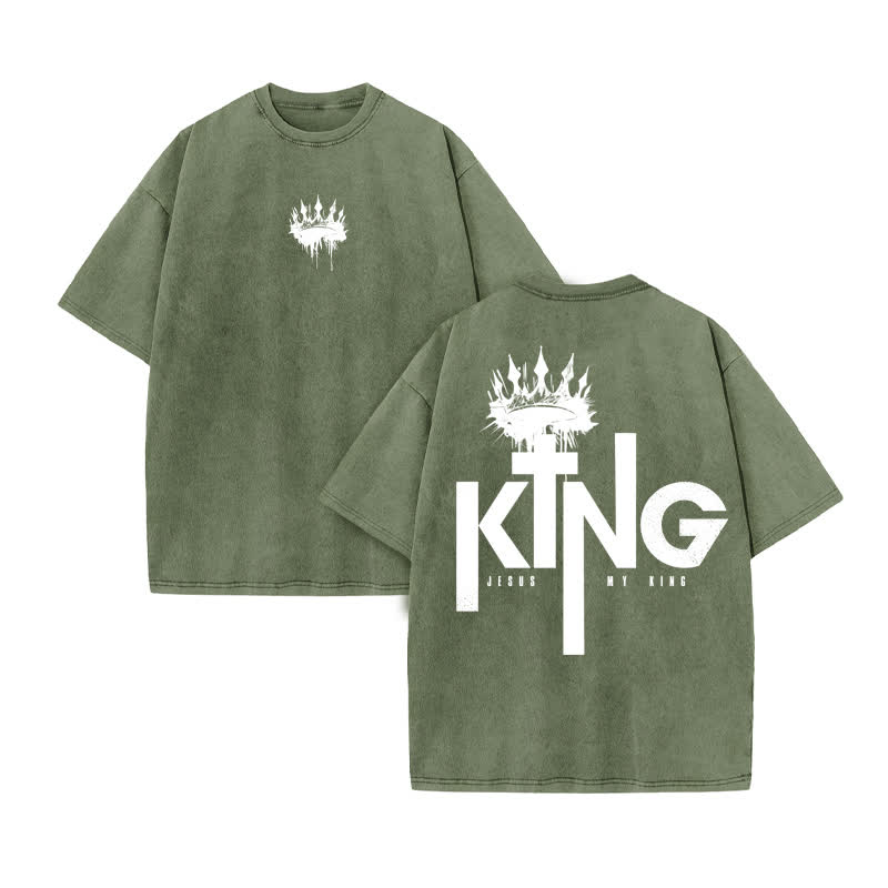 Unisex 100% Cotton JESUS IS MY KING Print Acid Washed T-shirt - Army Green - US20-22(3XL) - image 6