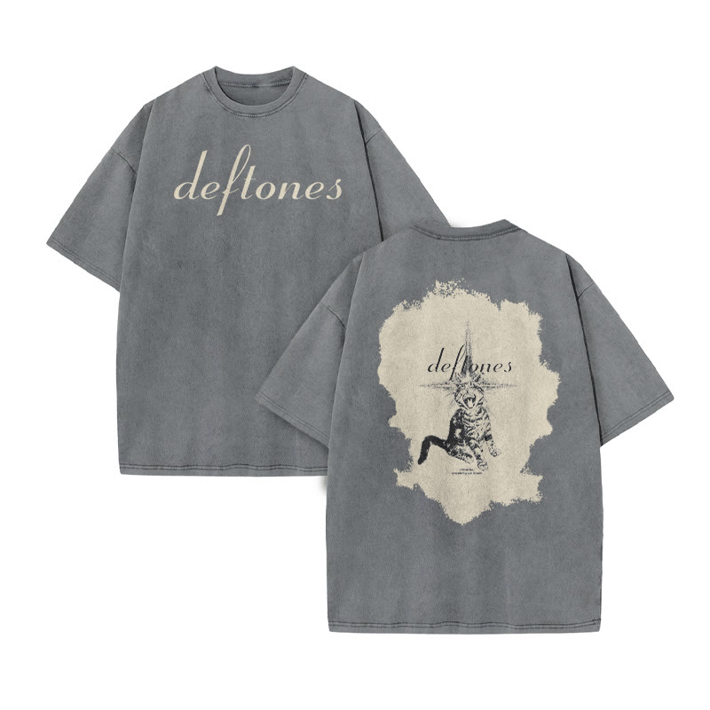 Unisex Deftones Meme Cat Print Acid Washed T-shirt - Grey - US20-22(3XL) - image 4