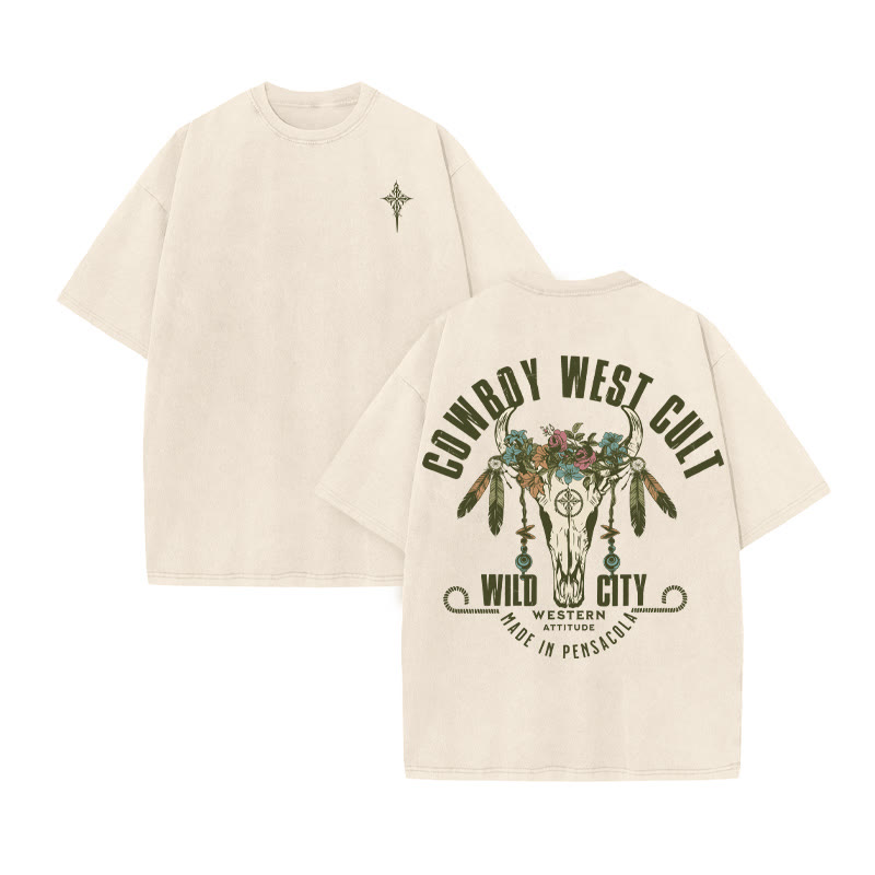 Unisex 100% Cotton COWBOY WEST CULT Western Style Print Acid Washed T-shirt