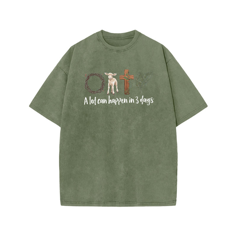 A Lot Can Happen In 3 Days Print Acid Washed T-shirt - Army Green - US20-22(3XL) - image 4