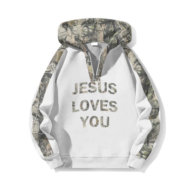 Jesus Loves You Dead Leaves Camouflage Front Print Half Zip Hoodie - White - US32-34(5XL) - image 3