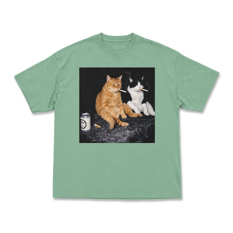 Vintage Smoking Cats Graphic T-Shirt - Light Green - US16-18(2XL) - image 5