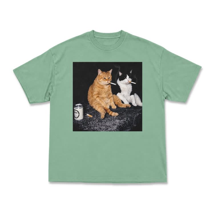 Vintage Smoking Cats Graphic T-Shirt - Light Green - US16-18(2XL) - image 5