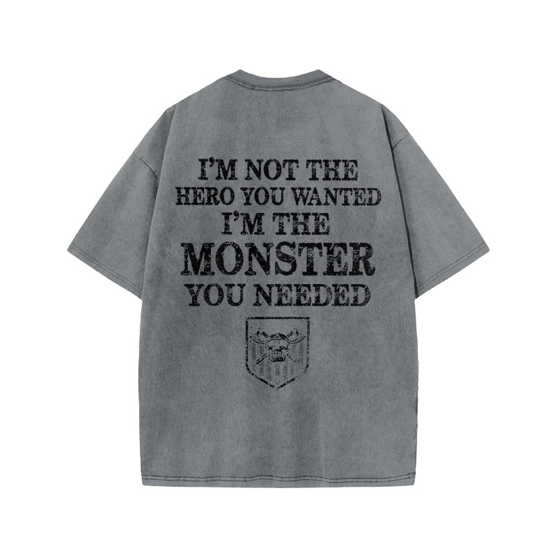 100% Cotton I'm The Monster You Needed Gym Print Acid Washed T-shirt - Grey - US20-22(3XL) - image 4