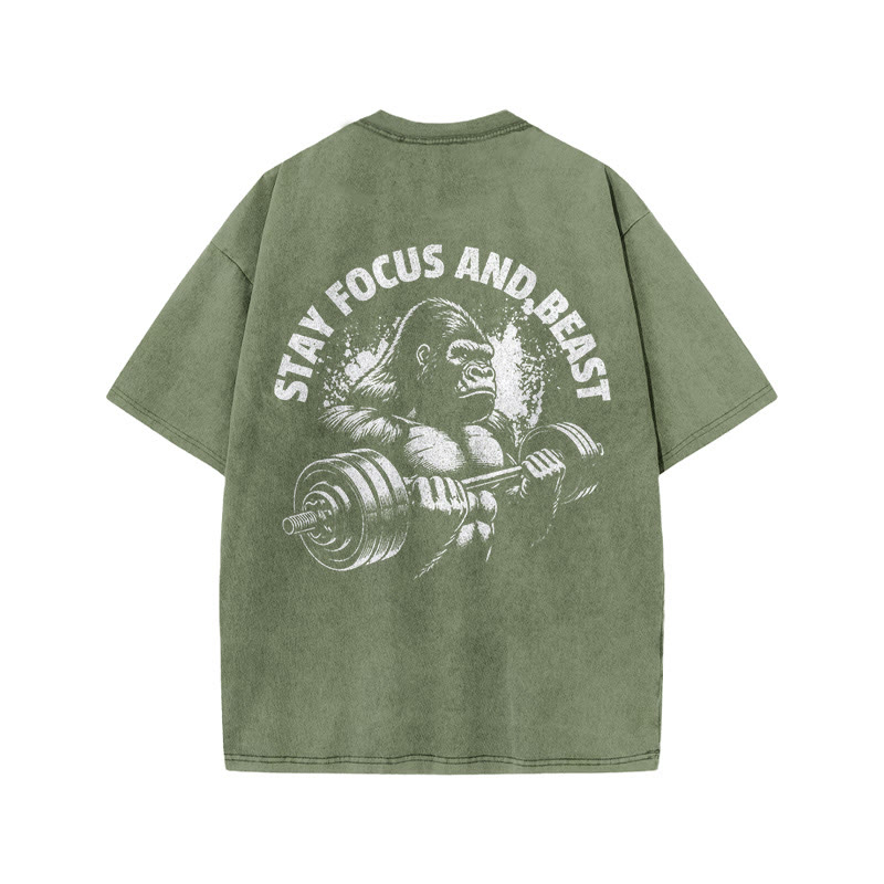 100% Cotton Stay Focus And Beast Gym Print Acid Washed T-shirt - Army Green - US20-22(3XL) - image 7