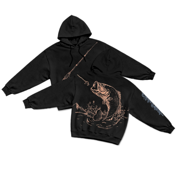Vintage Coastal Fishing Rod Illustration Print Hoodie - Black - US16-18(2XL) - image 4
