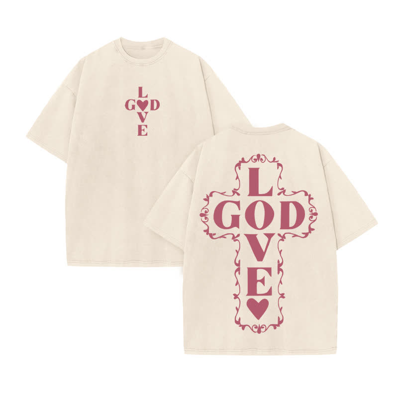 Unisex 100% Cotton GOD LOVE YOU Print Acid Washed T-shirt - Beige - US20-22(3XL) - image 3