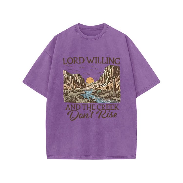 Lord Willing And The Creek Don't Rise Western Style Print Acid Washed T-shirt - Purple - US20-22(3XL) - image 7