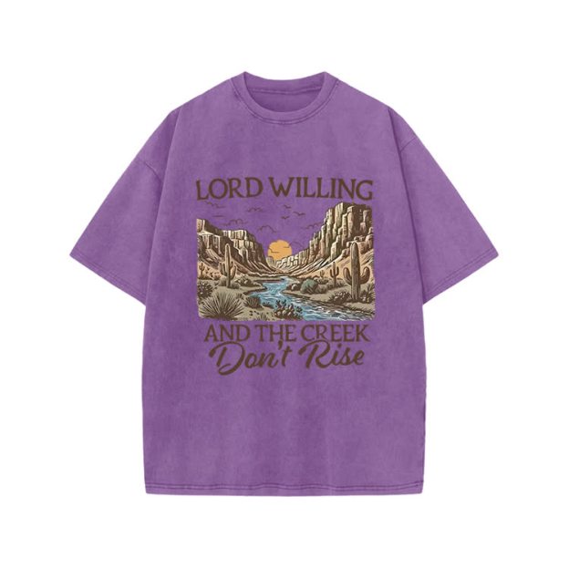 Lord Willing And The Creek Don't Rise Western Style Print Acid Washed T-shirt - Purple - US20-22(3XL) - image 7