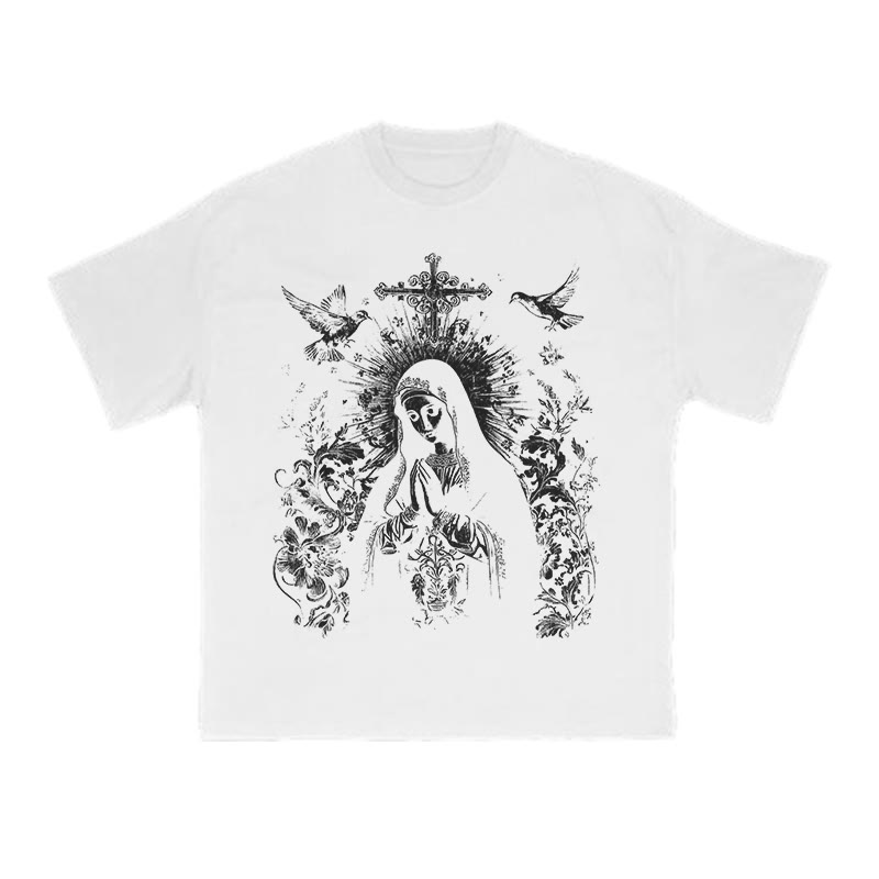 Unisex 100% Cotton Praying Virgin Mary Print T-shirt - White - US16-18(2XL) - image 4