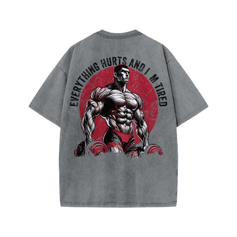 Gym 100% Cotton Everything Hurts And I'm Tired Print Acid Washed T-shirt - Grey - US20-22(3XL) - image 4