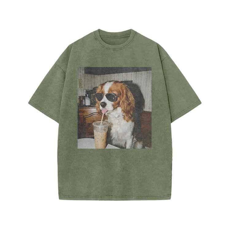 Vintage Iced Coffee Dog Print Acid Washed T-shirt - Army Green - US20-22(3XL) - image 5