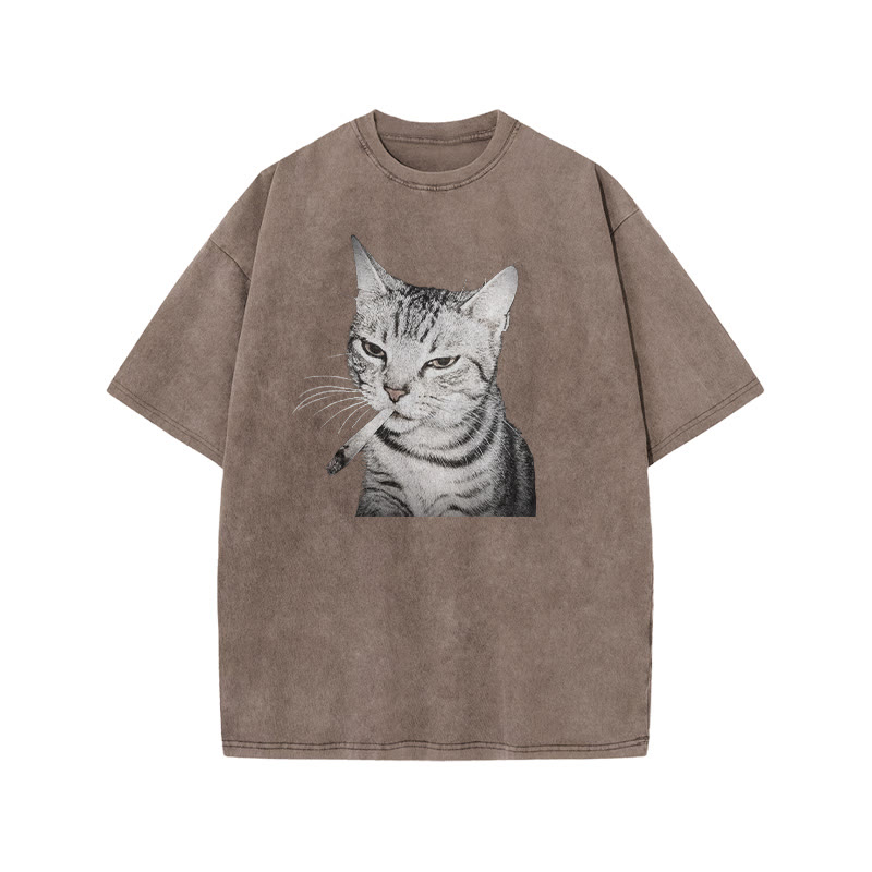 Tabby Cat With A Cigarette In Its Mouth Print Acid Washed T-shirt - Coffee - US20-22(3XL) - image 4