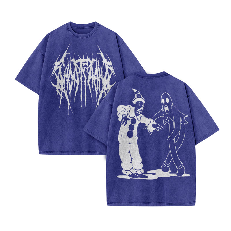 Unisex Clown And Ghost Print Acid Washed T-shirt - Blue - US20-22(3XL) - image 10