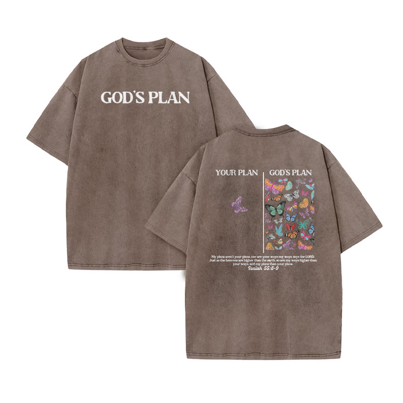 God's Plan Isaiah 55:8-9 Butterfly Print Acid Washed T-shirt - Coffee - US20-22(3XL) - image 5