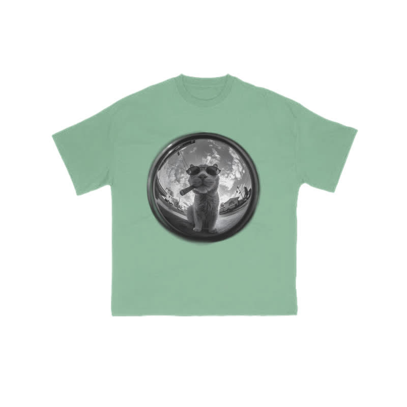 Unisex 100% Cotton Interest Cat Art Print T-shirt - Green - US16-18(2XL) - image 8