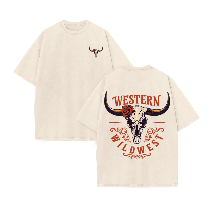 Unisex 100% Cotton Western Wildwest Print Acid Washed T-shirt