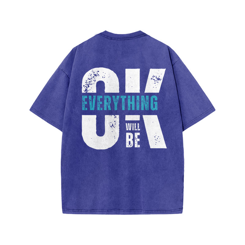 Gym 100% Cotton Everything Will Be OK Print Acid Washed T-shirt - Blue - US20-22(3XL) - image 7