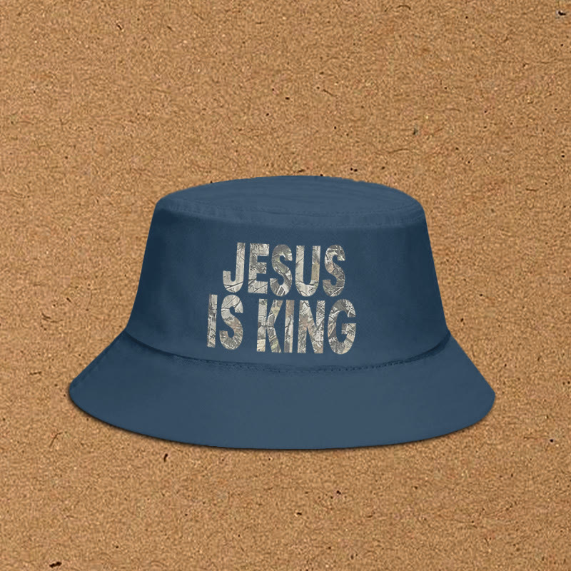 Dead Leaves Camouflage Jesus Is King Print Bucket Hat - Blue - XL(62cm) - image 4