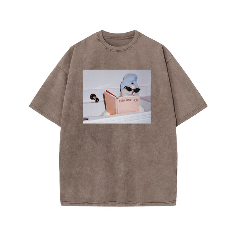 Unisex 100% Cotton How To Be Rich Print Acid Washed T-shirt - Coffee - US20-22(3XL) - image 3