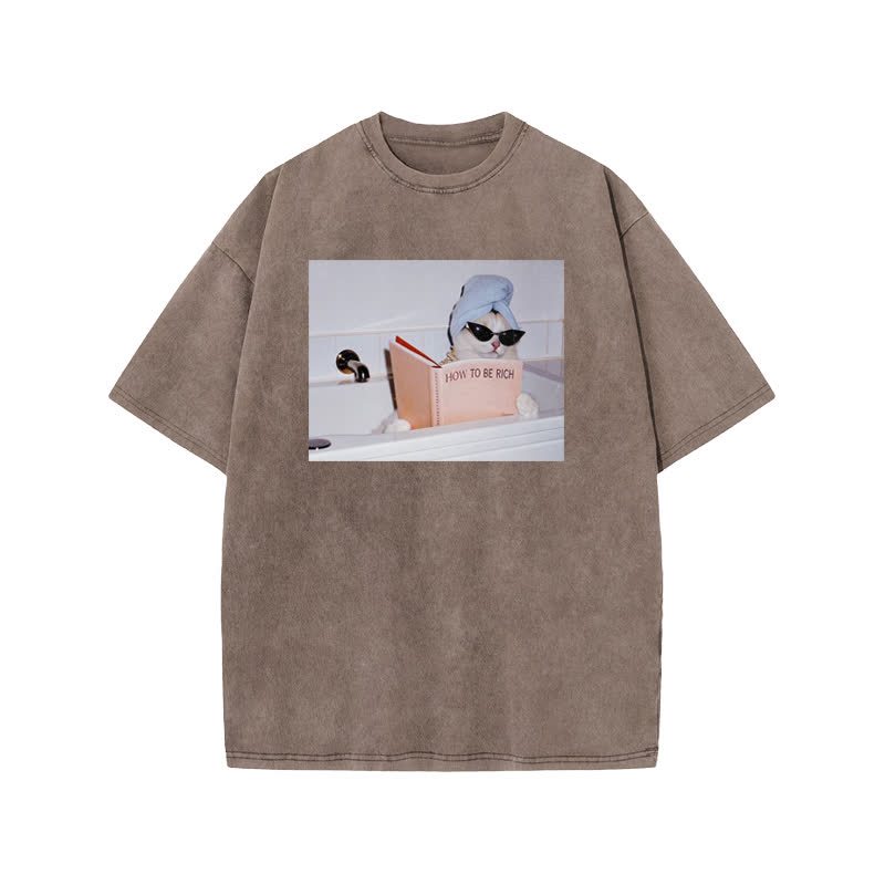 Unisex 100% Cotton How To Be Rich Print Acid Washed T-shirt - Coffee - US20-22(3XL) - image 3