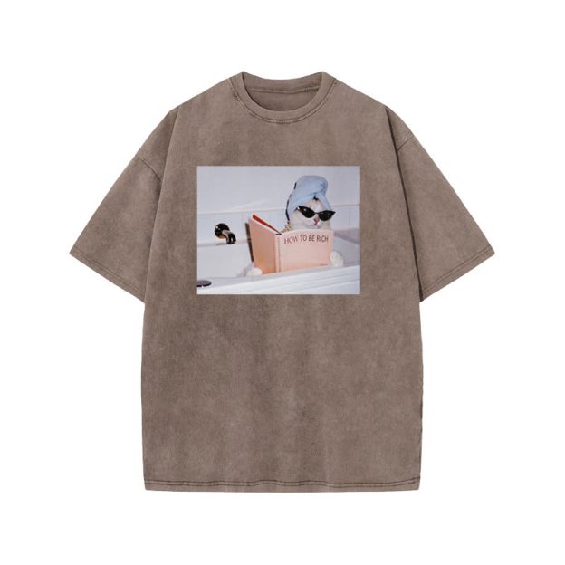 Unisex 100% Cotton How To Be Rich Print Acid Washed T-shirt - Coffee - US20-22(3XL) - image 3