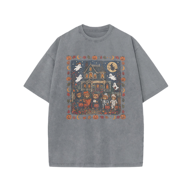  Halloween Haunted House Print Acid Washed T-Shirt - Grey - US20-22(3XL) - image 9