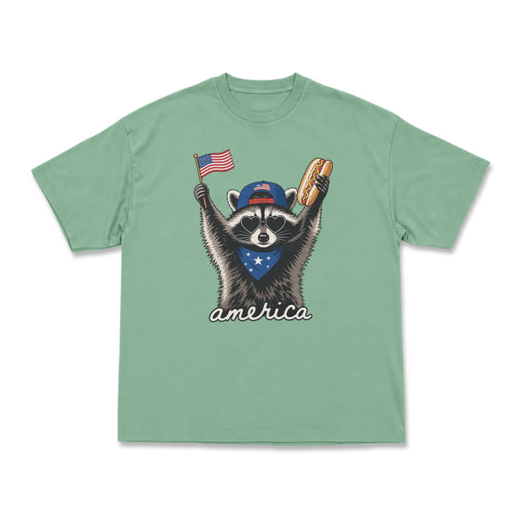 Patriotic Raccoon America Graphic T-Shirt - Light Green - US16-18(2XL) - image 5