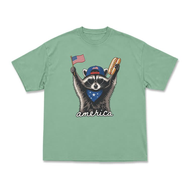 Patriotic Raccoon America Graphic T-Shirt - Light Green - US16-18(2XL) - image 5