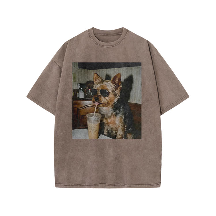 Vintage Dog Coffee Graphic Print Acid Washed T-shirt - Coffee - US20-22(3XL) - image 6