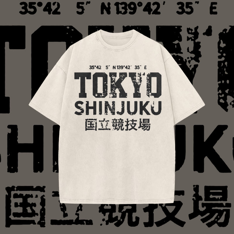 Unisex 100% Cotton Tokyo Shinjuku Print Acid Washed T-shirt