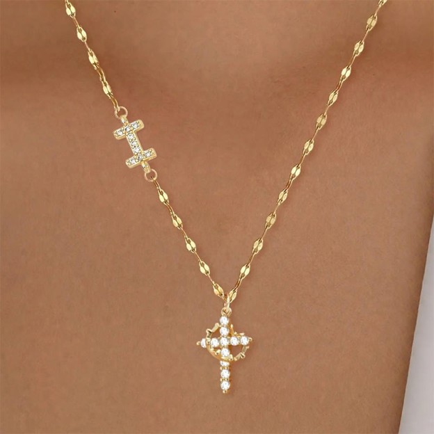 Rhinestone Letter Cross Pendant Necklace - I - one size - image 13