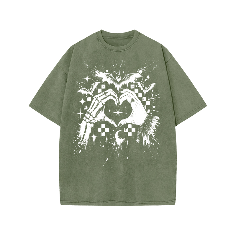 Gothic Heart Hands Round Neck Graphic Print Acid Washed T-Shirt - Army Green - US20-22(3XL) - image 6