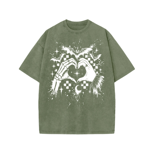 Gothic Heart Hands Round Neck Graphic Print Acid Washed T-Shirt - Army Green - US20-22(3XL) - image 6