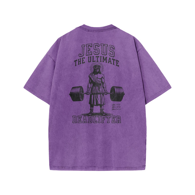Jesus The Ultimate Deadlifter Print Acid Washed T-shirt - Purple - US20-22(3XL) - image 8
