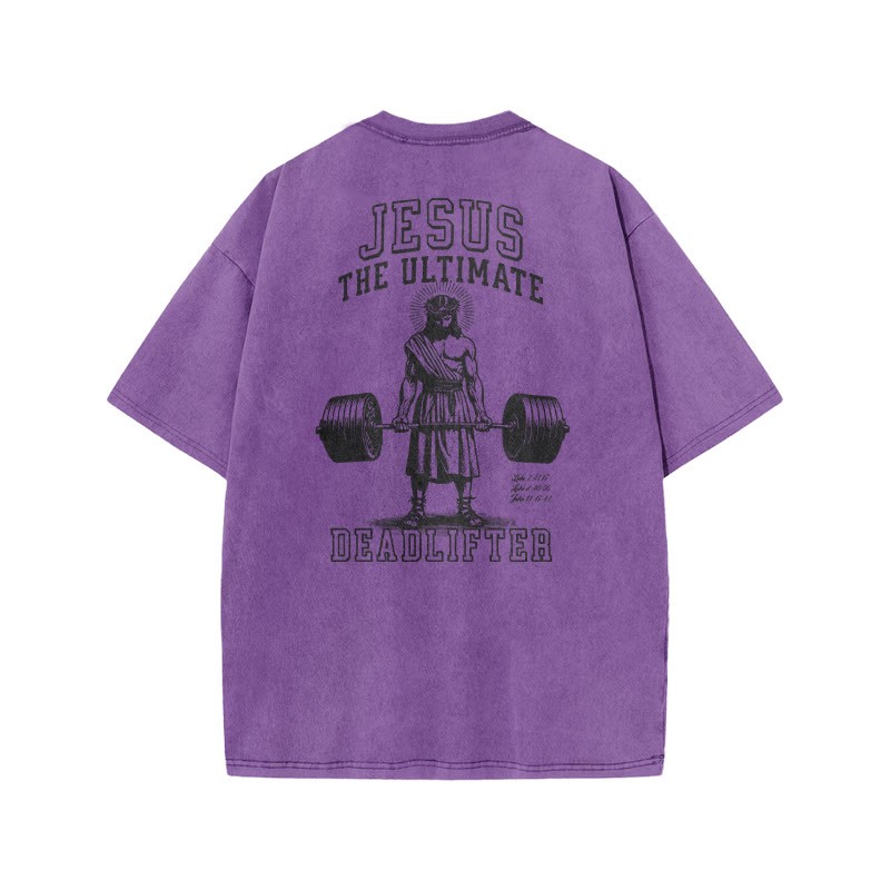 Jesus The Ultimate Deadlifter Print Acid Washed T-shirt - Purple - US20-22(3XL) - image 8