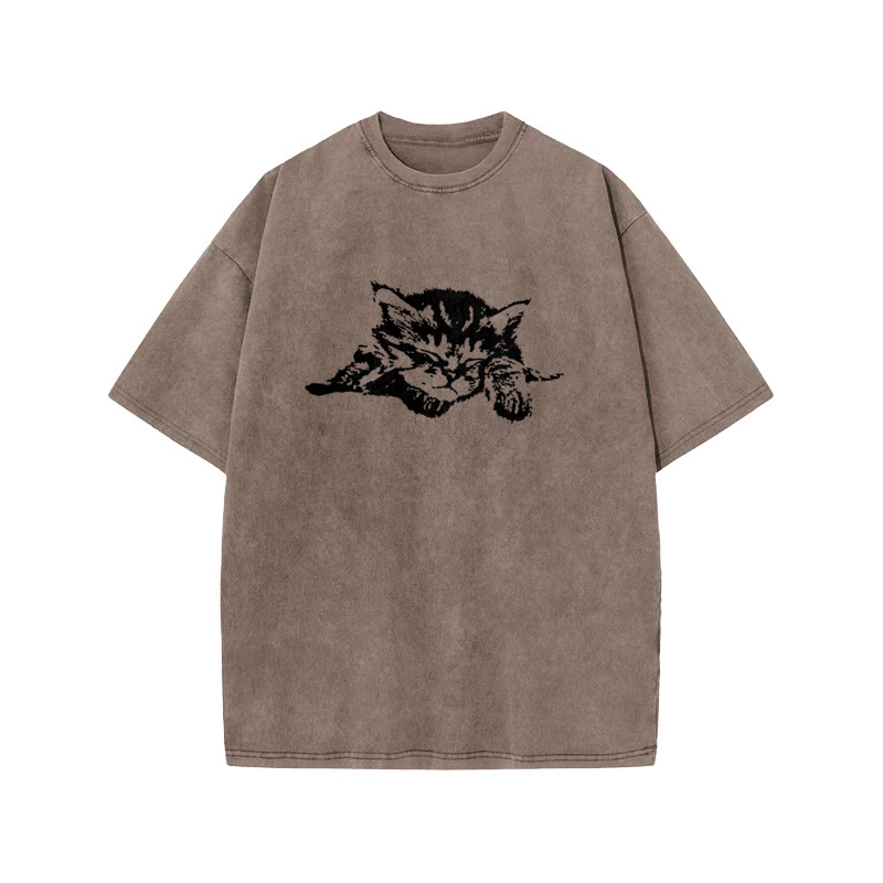 Unisex 100% Cotton Quiet Sleeping Cat Print Acid Washed T-shirt - Coffee - US20-22(3XL) - image 3