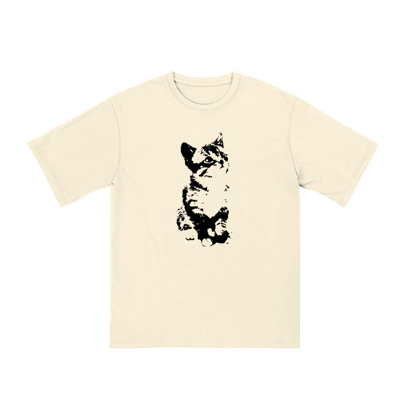 Unisex 100% Cotton Quiet And Well-behaved Cat Print T-shirt - Apricot - US16-18(2XL) - image 3