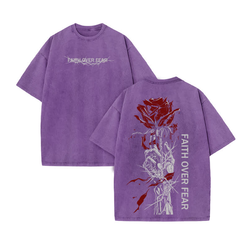 Unisex 100% Cotton Faith Over Fear Print Acid Washed T-shirt - Purple - US20-22(3XL) - image 9