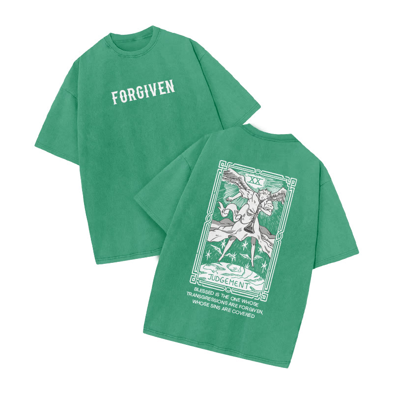 Forgiven Tarot Judgement Print Acid Washed T-shirt - Green - US20-22(3XL) - image 5