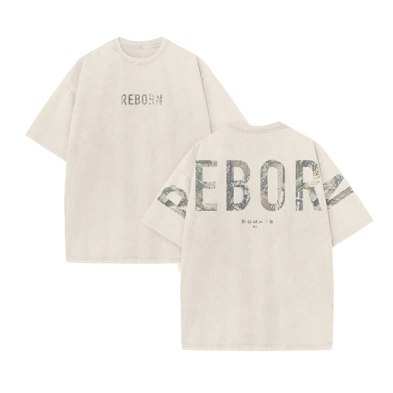 Reborn Romans 6:4 Dead Leaves Camouflage Print Acid Washed T-shirt - Beige - US20-22(3XL) - image 3