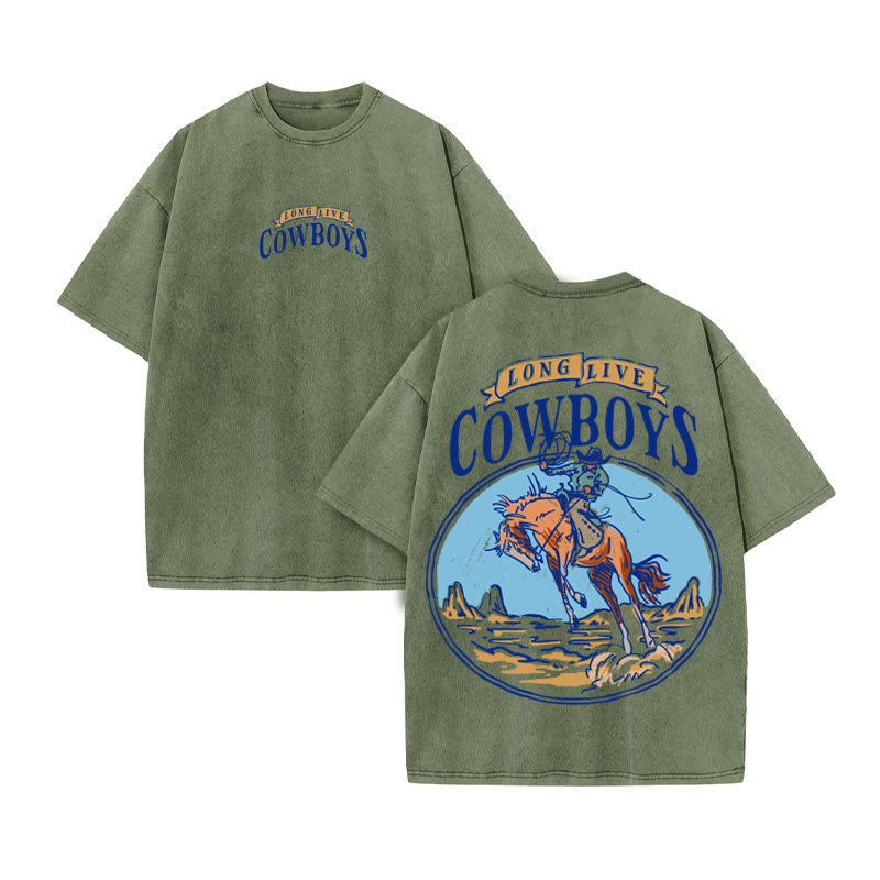 Unisex 100% Cotton COWBOYS Western Style Print Acid Washed T-shirt