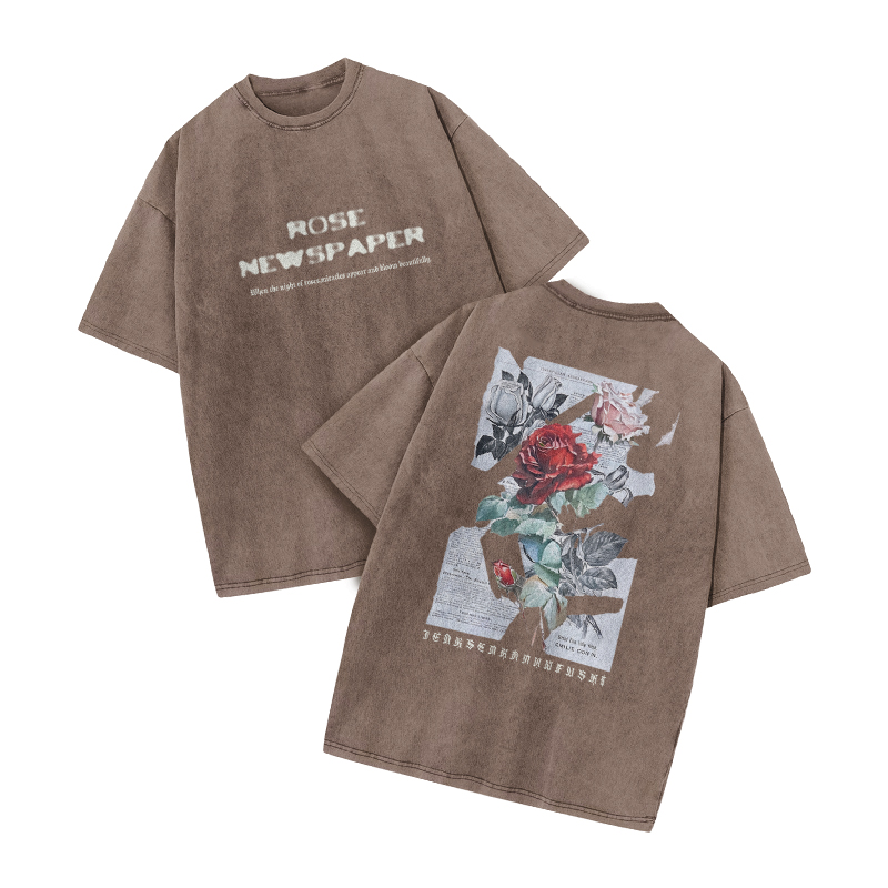 Rose Newspaper Print Acid Washed T-shirt - Coffee - US20-22(3XL) - image 4